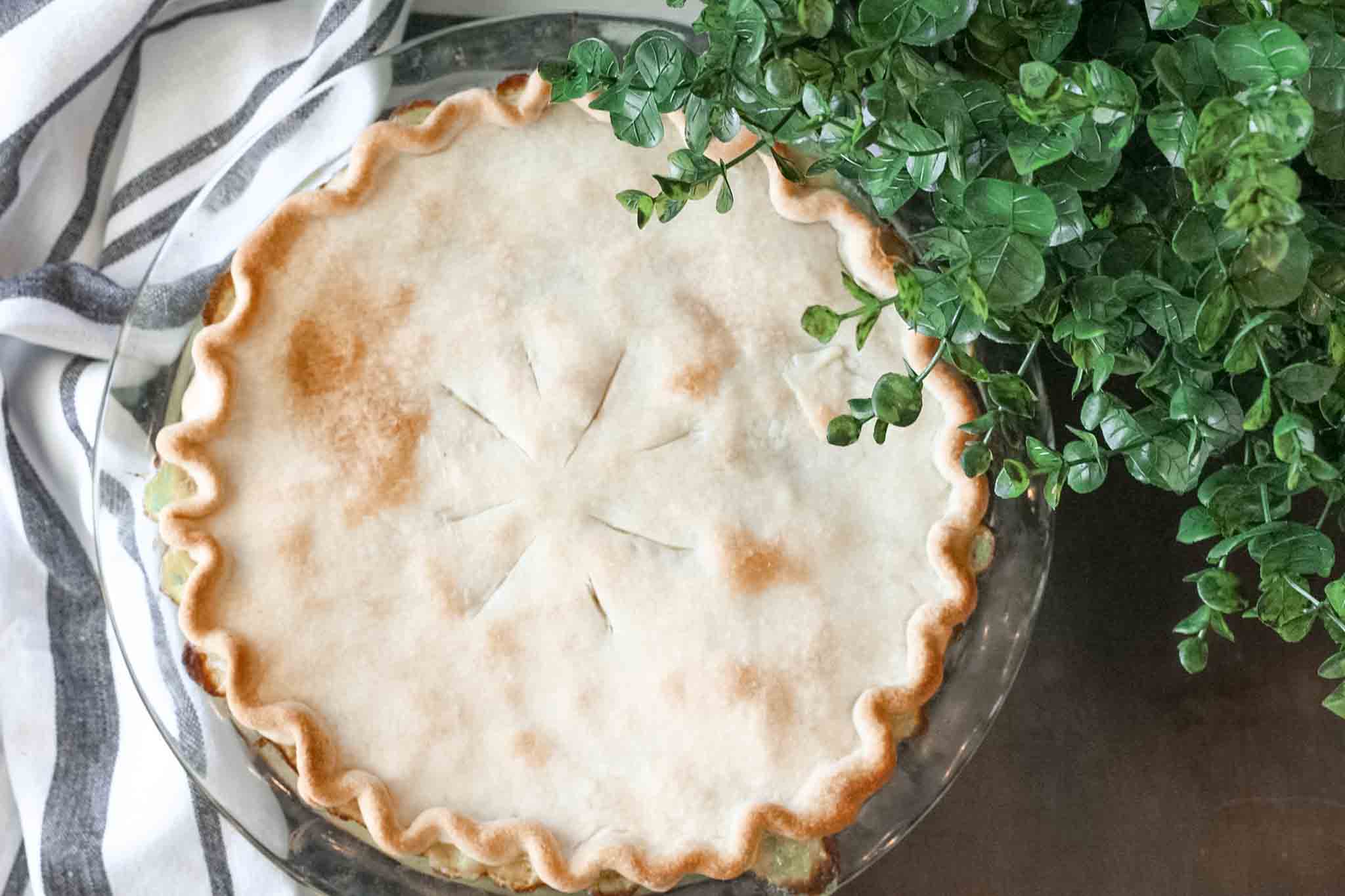 mashed potato pot pie casserole on wood table