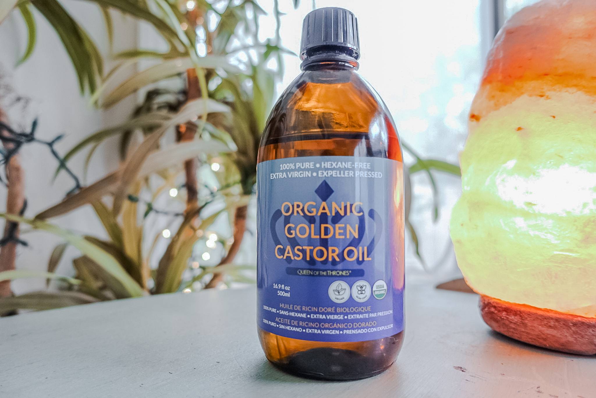 castor oil bottle on table